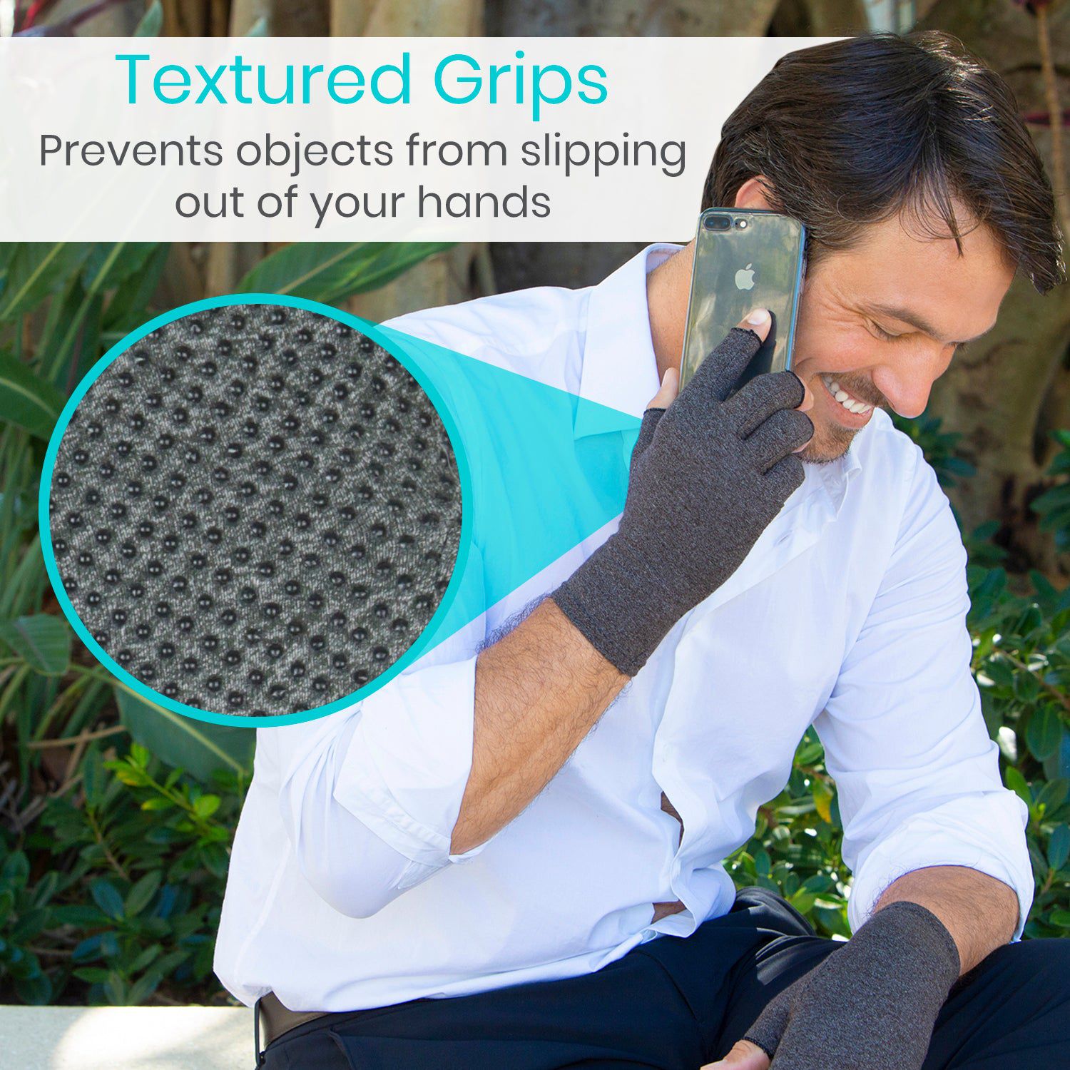 textured grips to prevent objects from slipping out of your hands