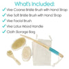 Vive coarse bristle brush with hand strap, soft bristle brush with hand strap, facial brush, lotus wood handle, and storage bag