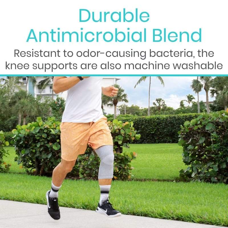 Durable Antimicrobial Blend. Resistant to odor-causing bacteria, the knee supports are also machine washable