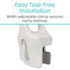 Easy Tool-Free Installation width adjustable clamp secures rail to bathtub