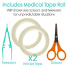 Includes Medical Tape Roll With travel size scissors and tweezers for unpredicatable situations