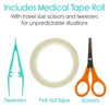 Includes Medical Tape Roll With travel size scissors and tweezers for unpredictable situations