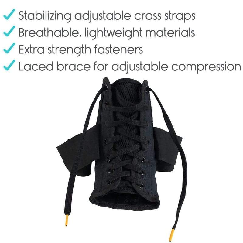 Stabilizing adjustable cross straps, Breathable, lightweight materials, Extra strength fasteners , Laced brace for adjustable compression