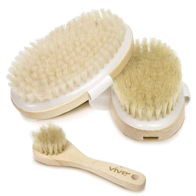 Vive coarse bristle brush with hand strap, soft bristle brush with hand strap, facial brush, lotus wood handle, and storage bag