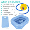 What's included: hand air pump, shampoo basin, patch kit, s-hook, drain pipe, shower head
