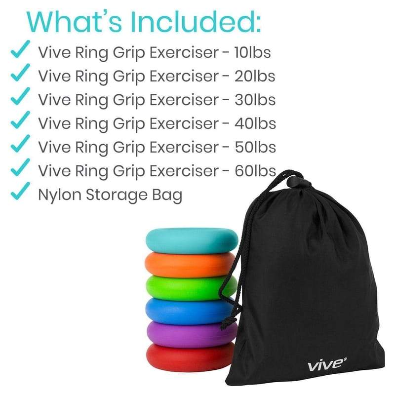 What's Included: Vive Ring Grip Exerciser - 10 lbs, Vive Ring Grip Exerciser - 20 lbs, Vive Ring Grip Exerciser - 30 lbs, Vive Ring Grip Exerciser - 40 lbs, Vive Ring Grip Exerciser - 50 lbs, Vive Ring Grip Exerciser - 60 lbs, Nylon Storage Bag